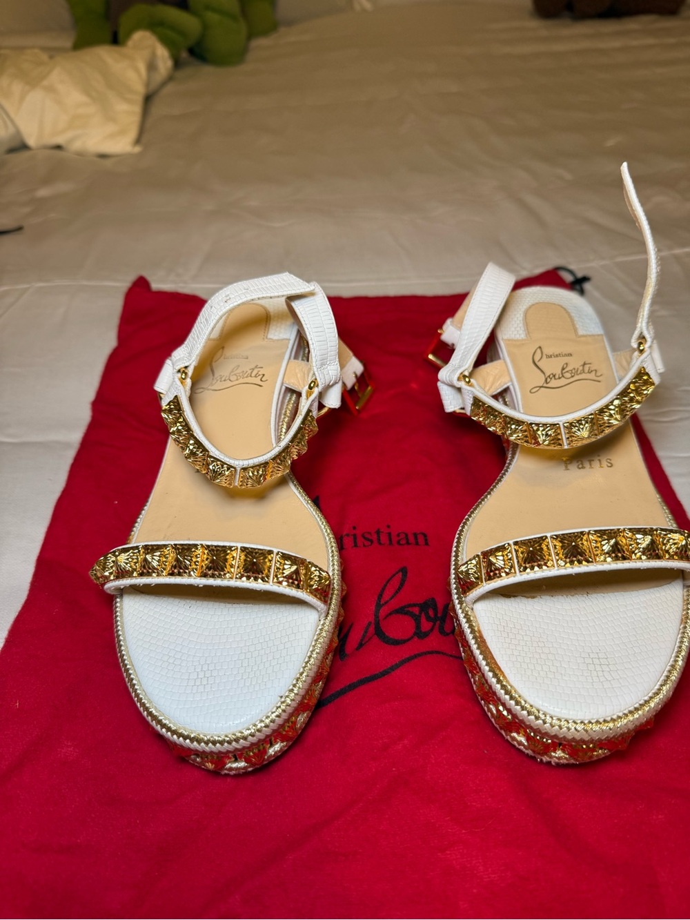 Christian Louboutin White Sandals with Gold Crystal Trim